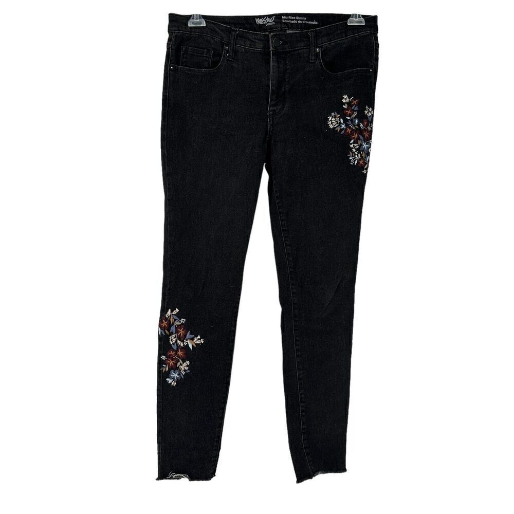 Mossimo Mid Rise Skinny Jeans Black Size 8 29 Waist Floral Embroidered Raw Hem